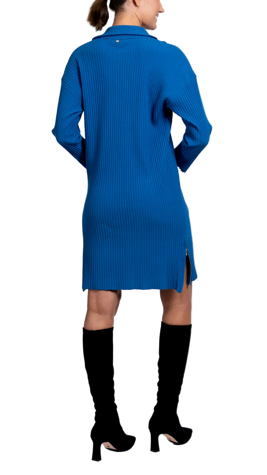 Sandy Vertical Rib-Knit Zip Up Mock Neck Sweater Dress; Ocean Blue