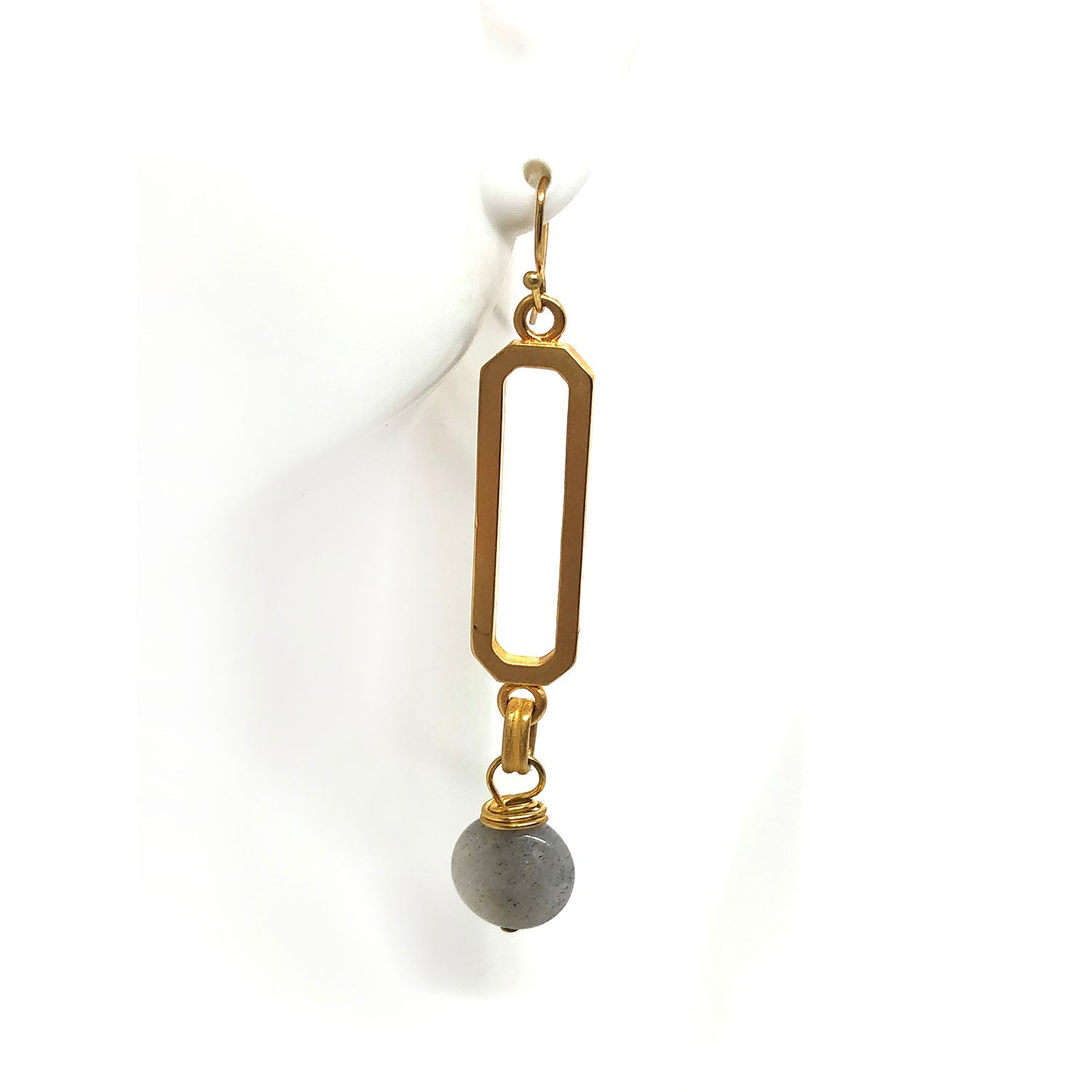 Paper Clip Natural Labradorite Drop Matte Gold Earrings