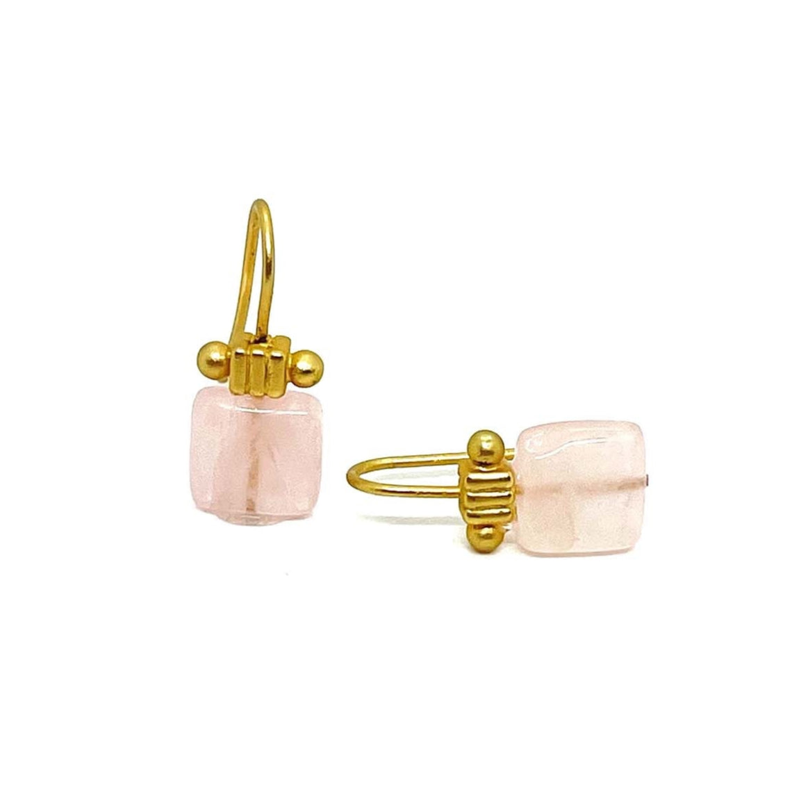 Mini Square Rose Quartz Matte Gold Earrings