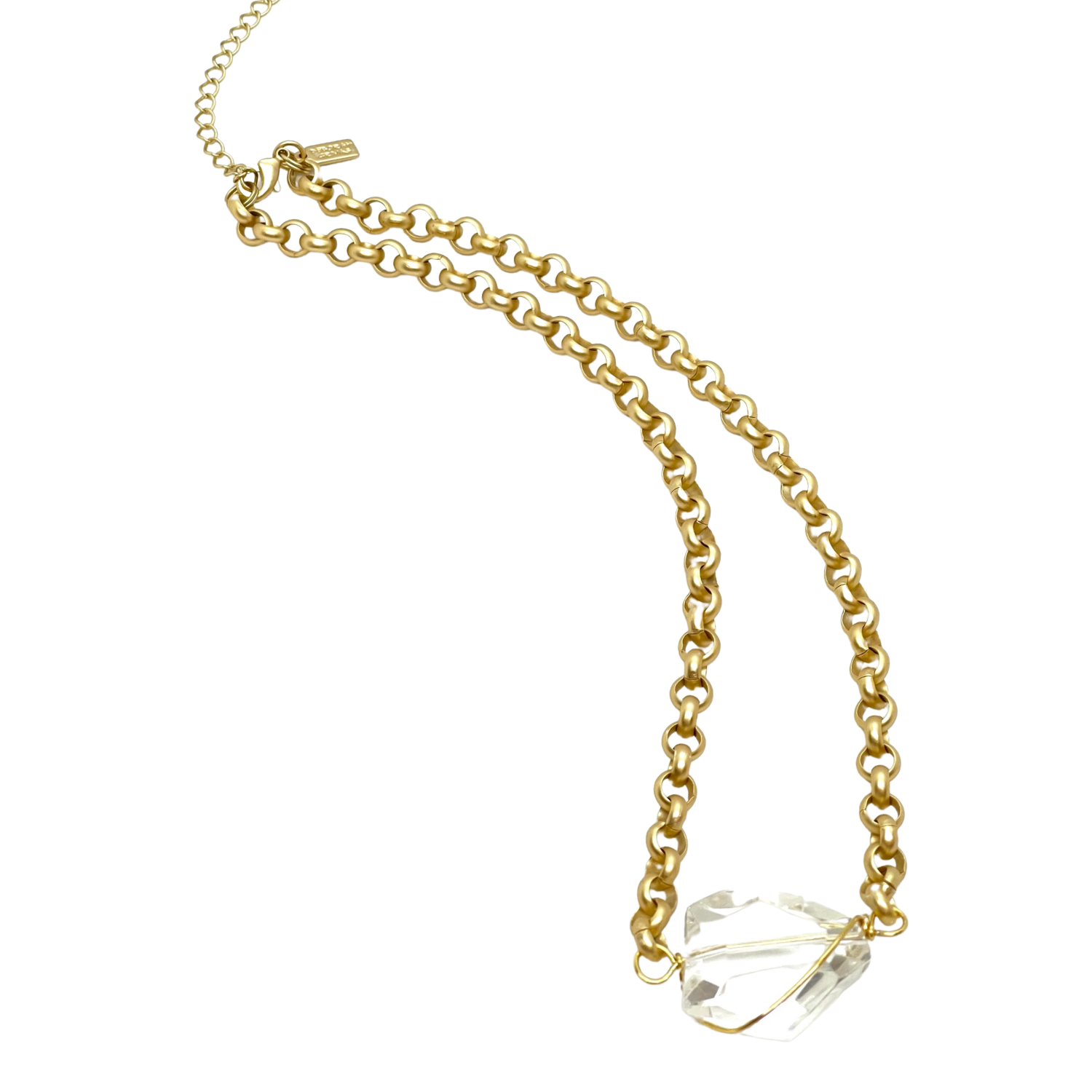 Wire Wrapped Clear Crystal Nugget on Matte Gold Chain