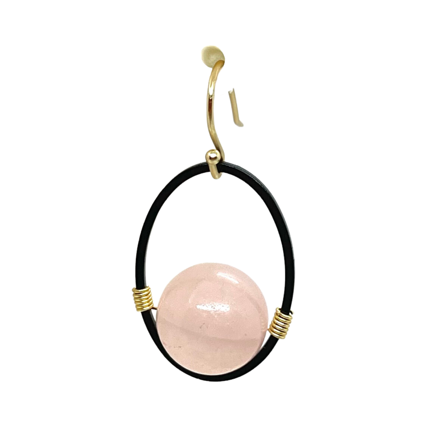 Rose Quartz And Matte Black Oval Gold Wire Wrap Earrings