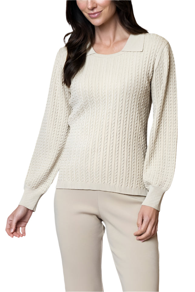 Hope Long Sleeved Crew-Neck Cable-Knit Top, Beige Melange