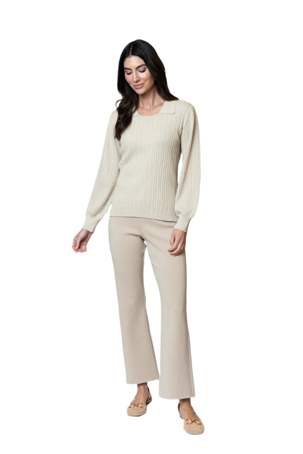 Hope Long Sleeved Crew-Neck Cable-Knit Top, Beige Melange