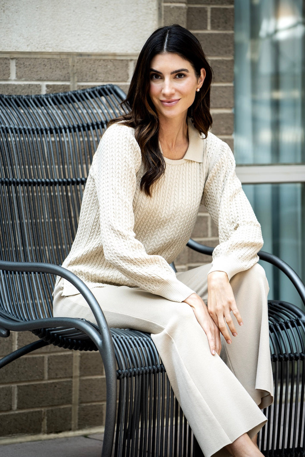 Hope Long Sleeved Crew-Neck Cable-Knit Top, Beige Melange