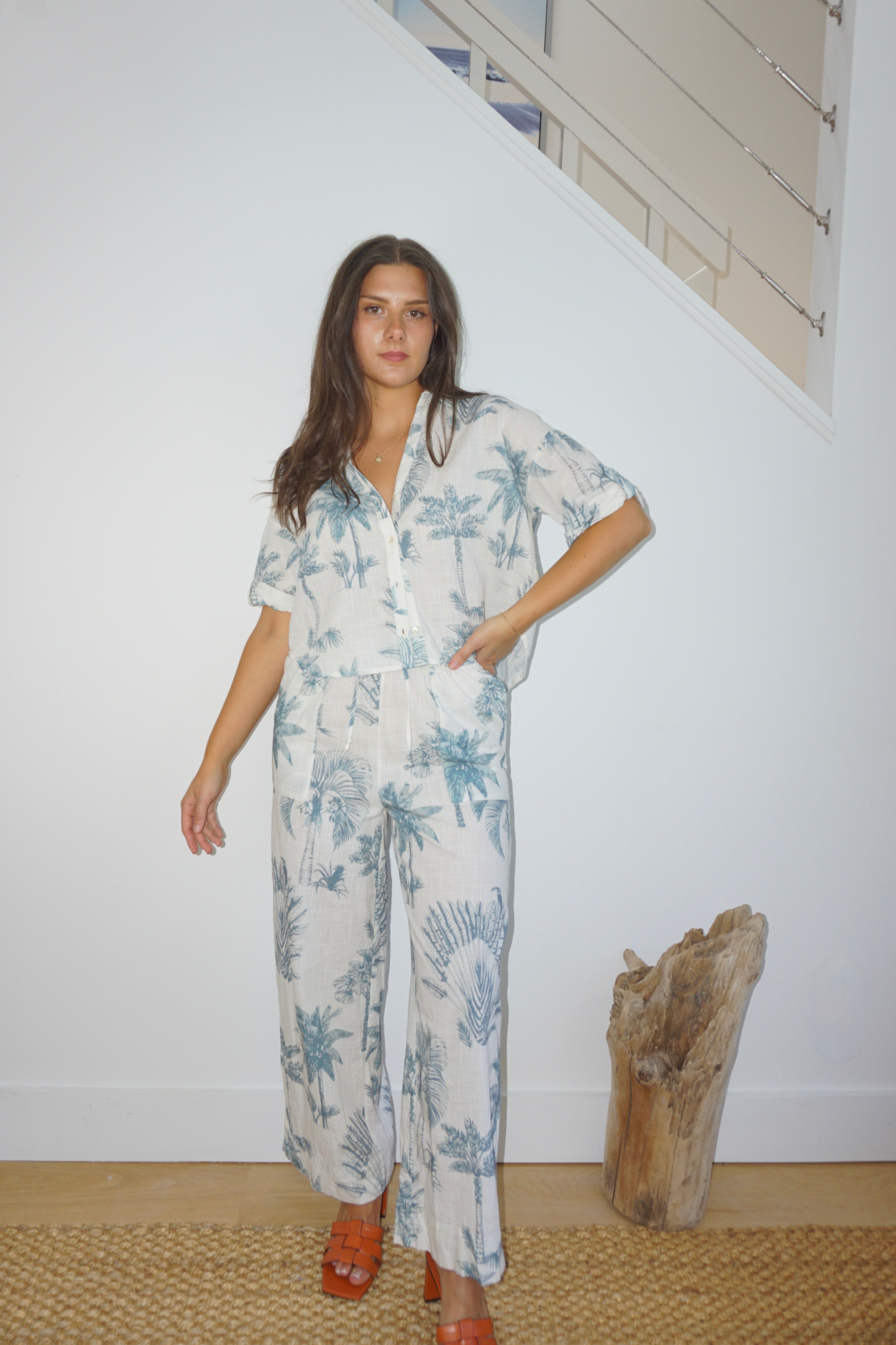 Brenna Pant in Faded Teal Palms