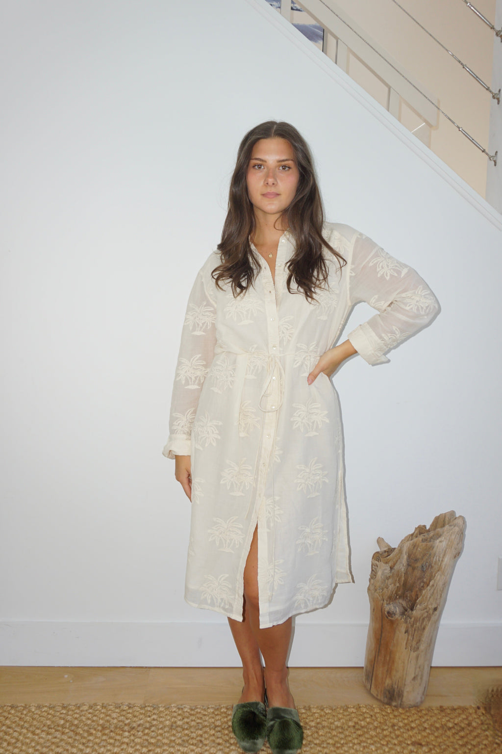 Chambers Sun Dress in Cream Palm Embroidery