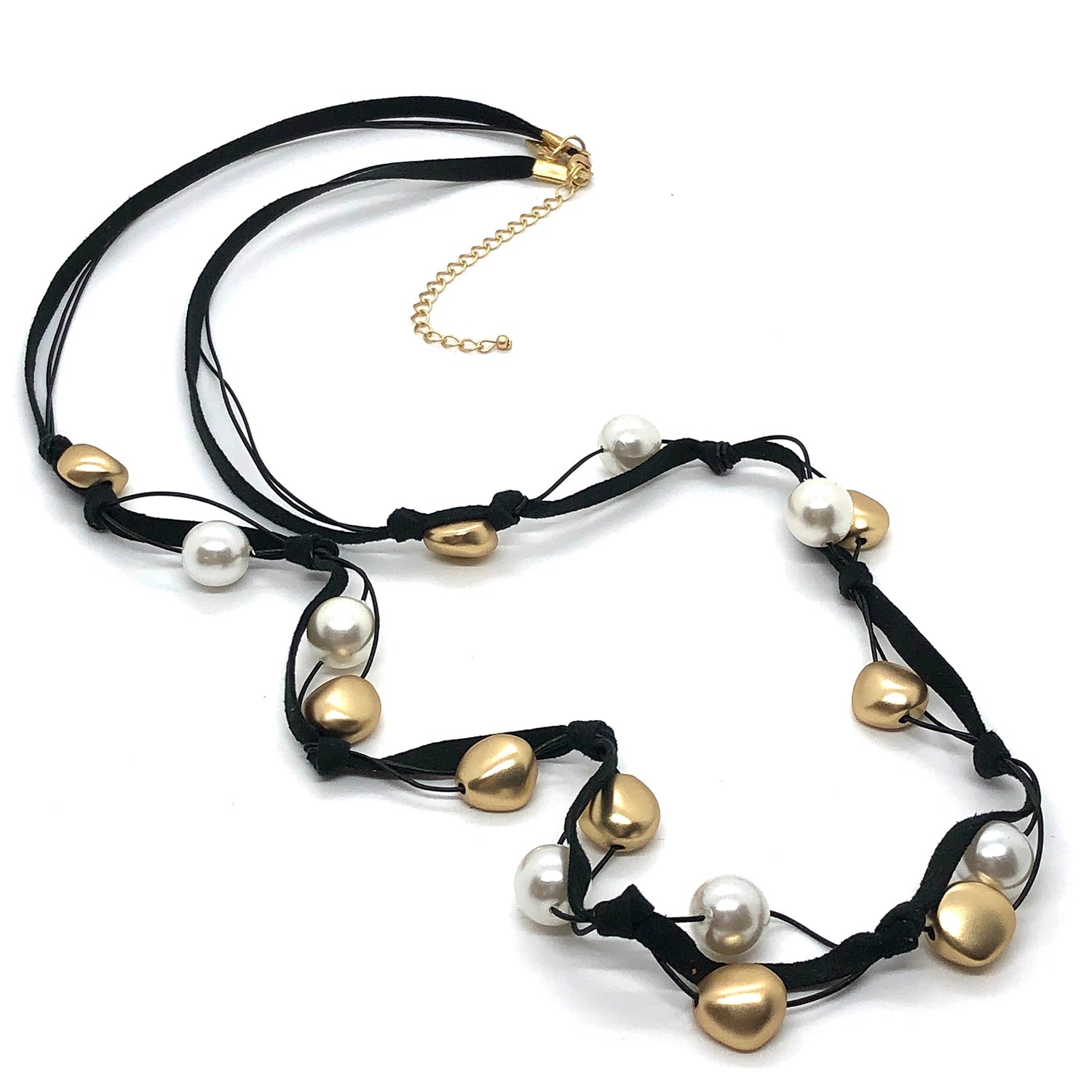 Glass Pearl And Matte Gold Nugget Black Suede Necklace