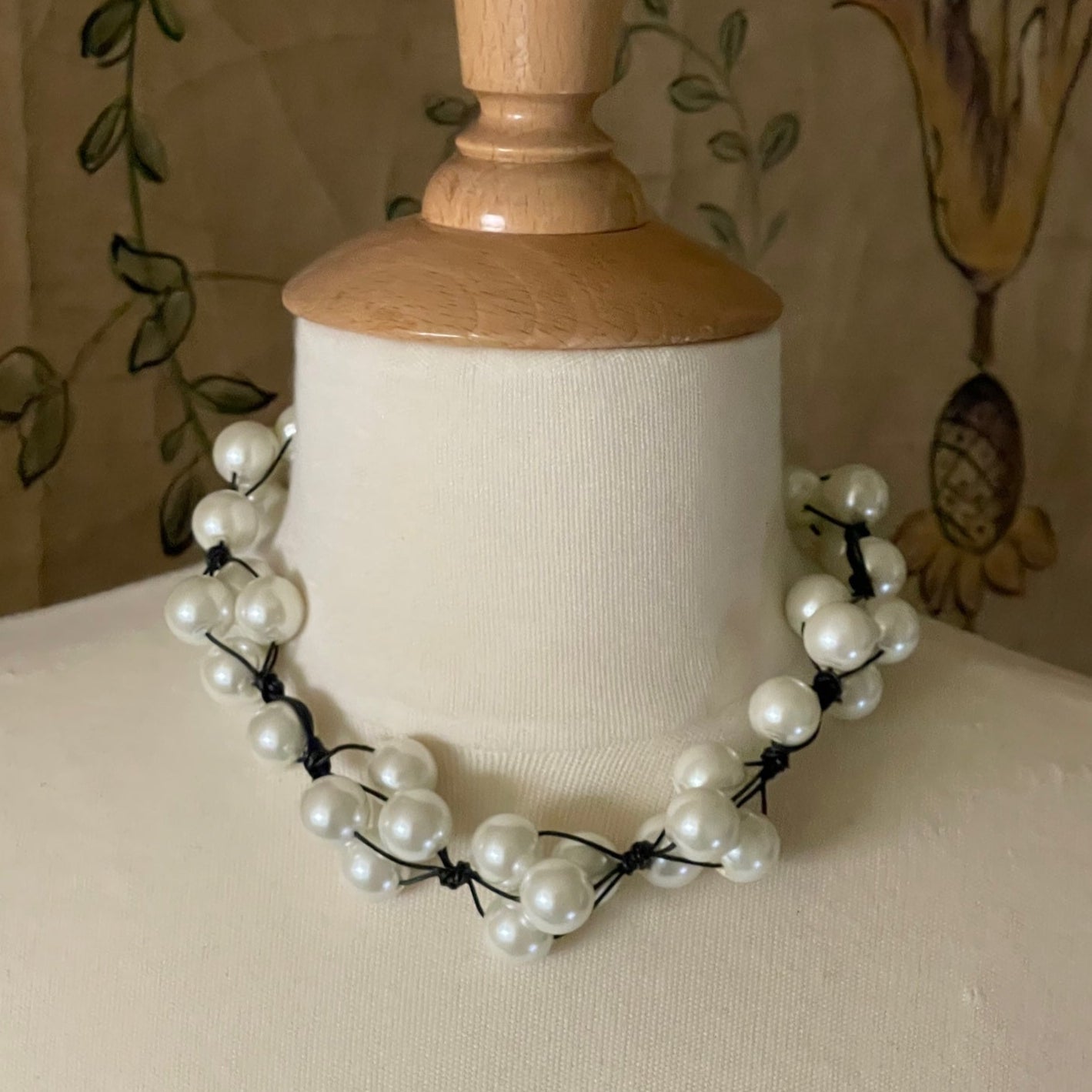 Glass Pearl Woven Black Leather Necklace