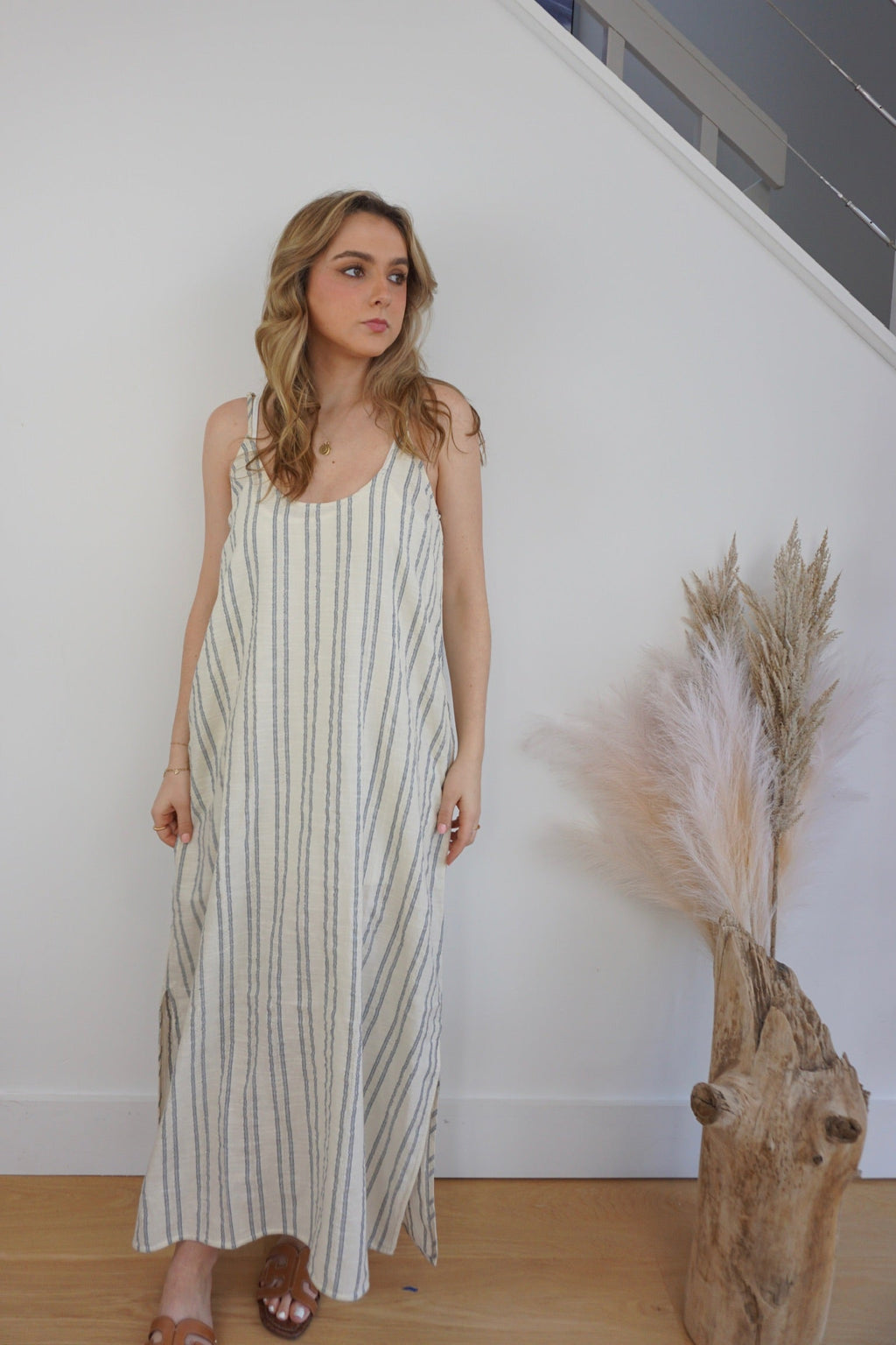 Asher Woven Slip Dress - Grey/Cream Stripe