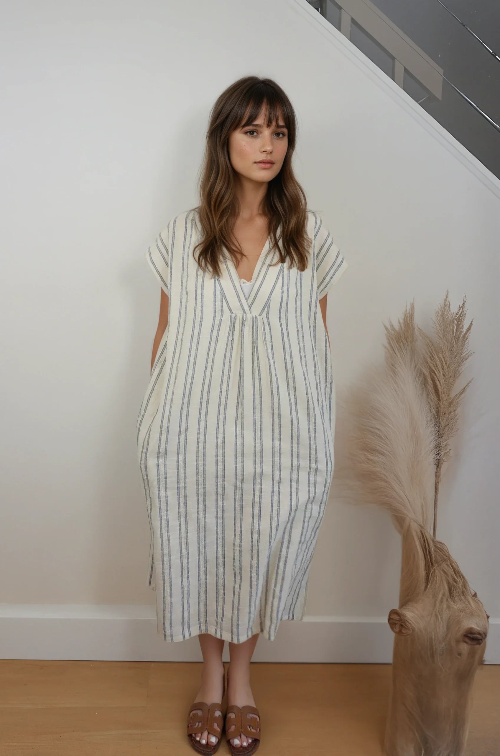 Calla Midi Dress - Grey/Cream Stripe