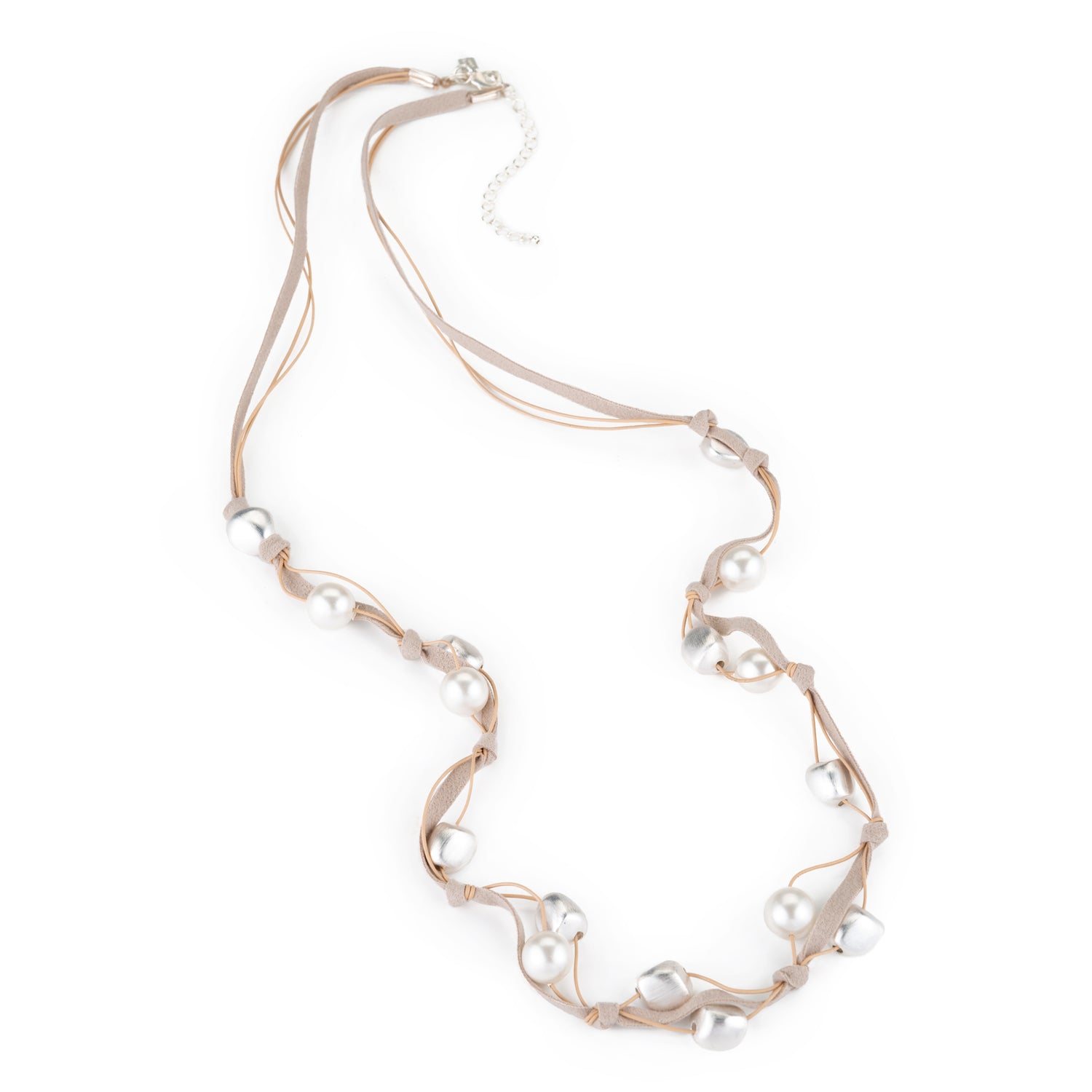 Matte Silver Bead With Pearl Leather Layer Necklace