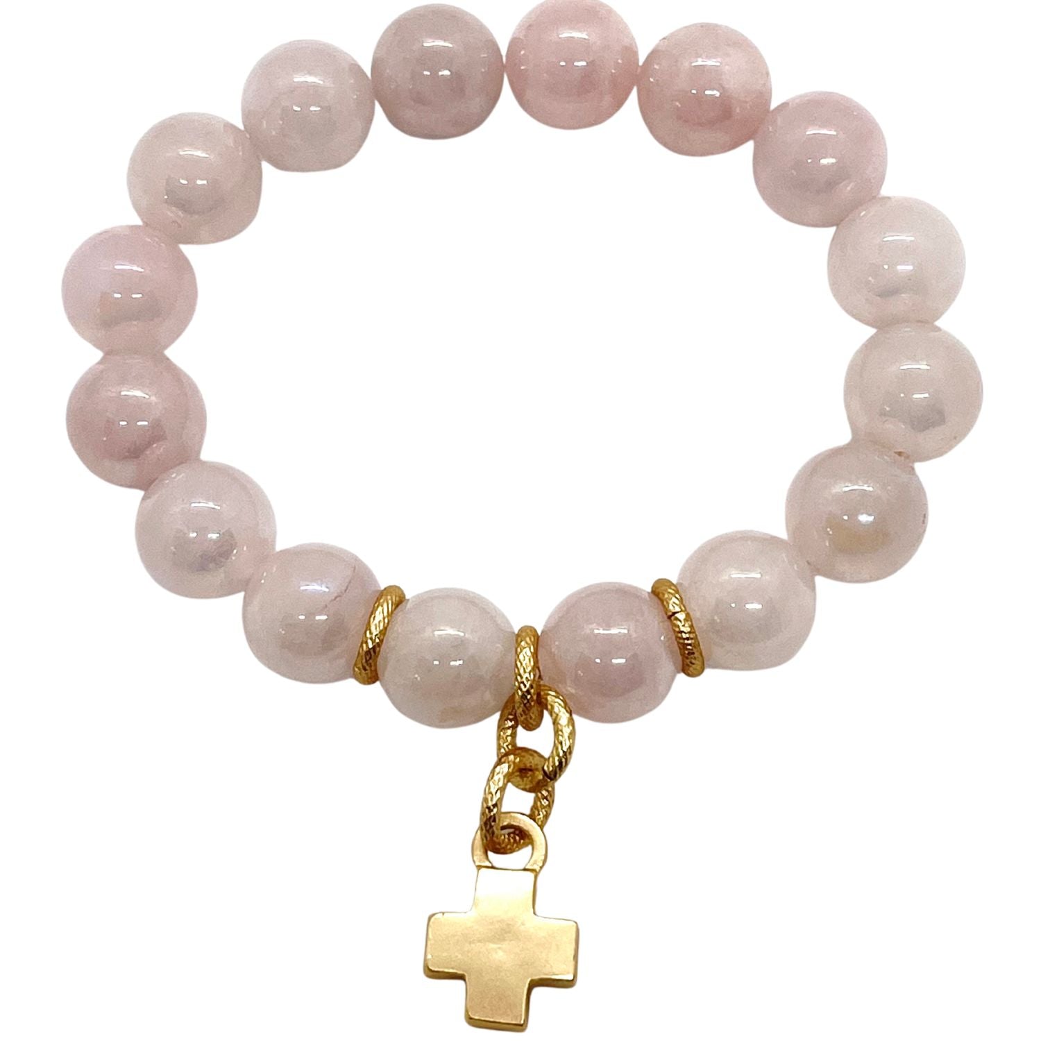 Glazed Rose Quartz Bracelet With Matte Gold Cross Charm