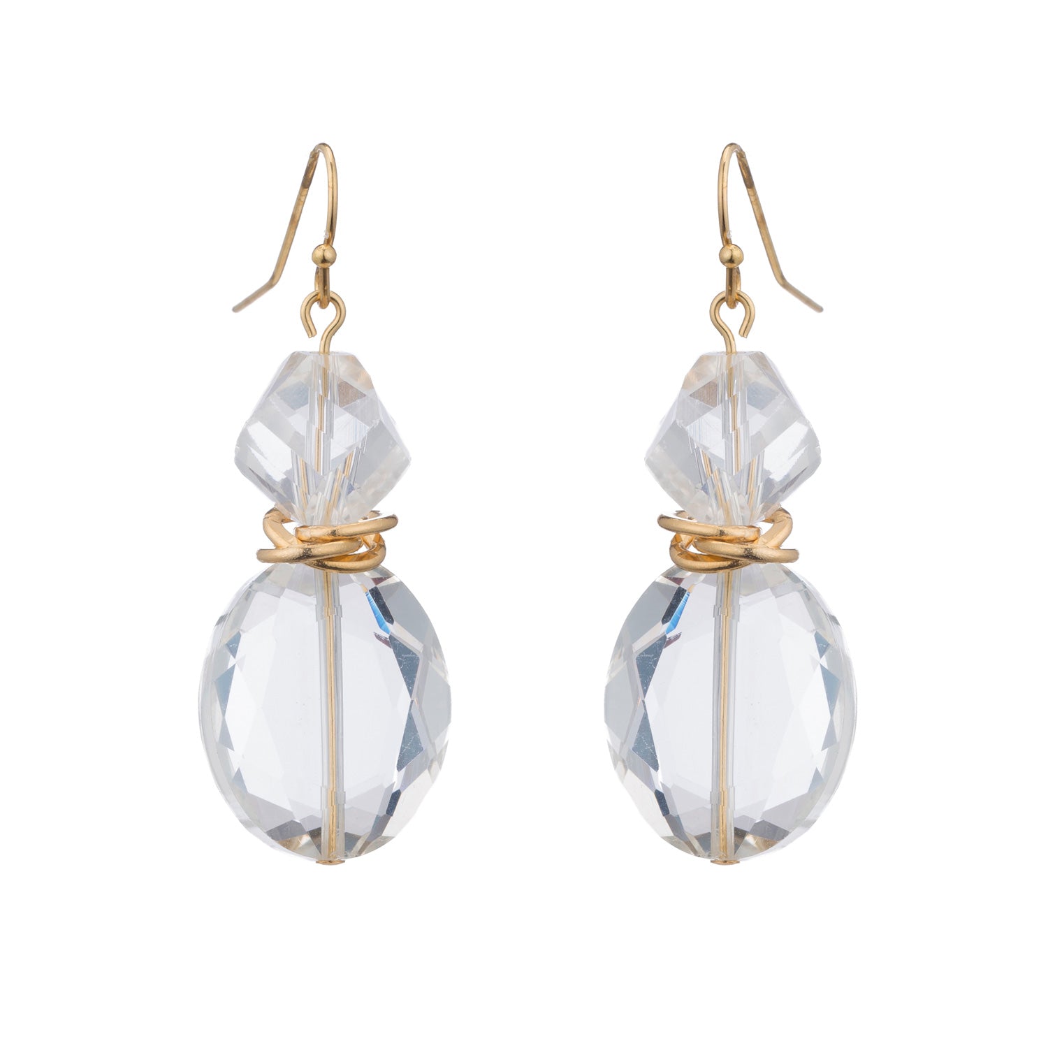 White(Clear)Faceted Crystal Two Stone Matte Gold Earrings