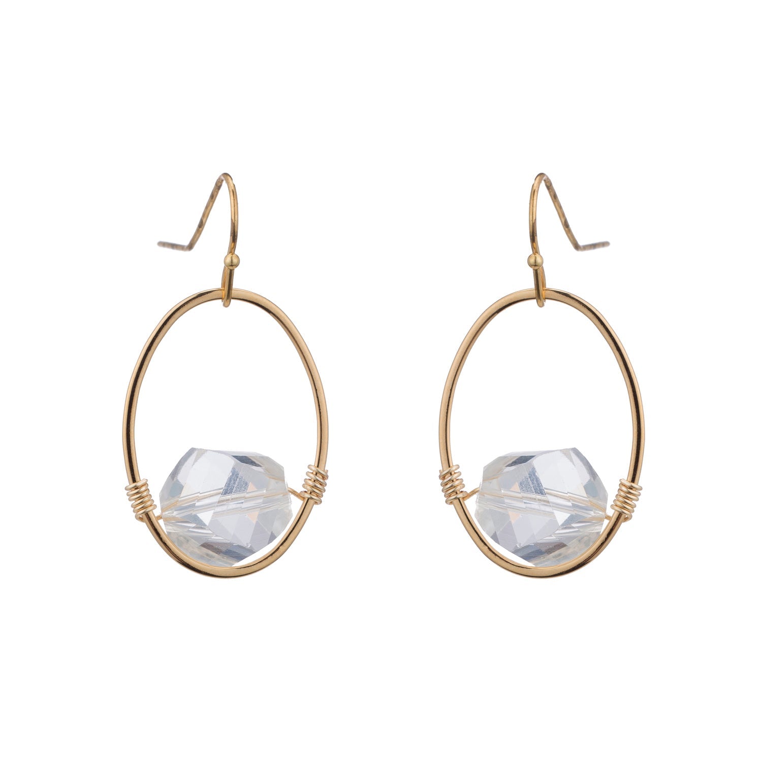 White(Clear)Faceted Crystal Mini Oval 14Kt Gold Plate Wire Wrap Earrings
