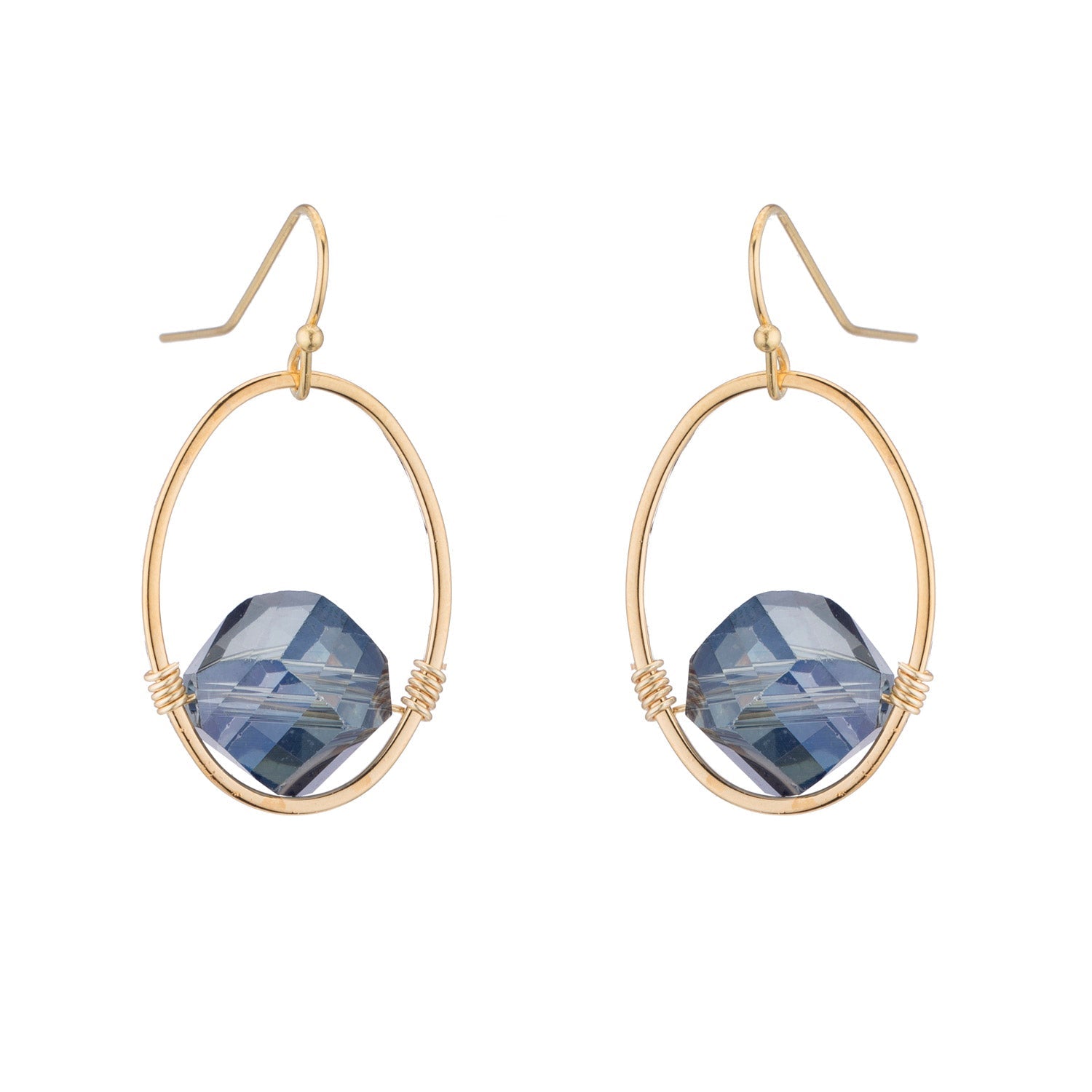 Labradorite Faceted Crystal Oval Gold Wrap Earrings