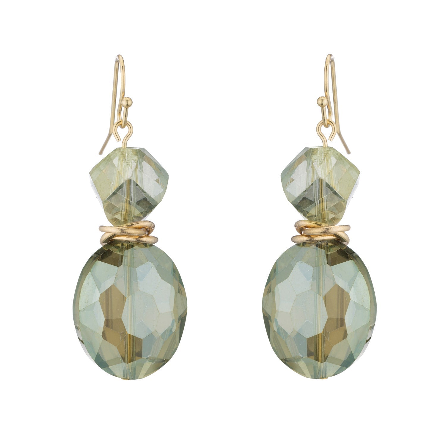 Olive Faceted Crystal Two Stone Matte Gold Earrings