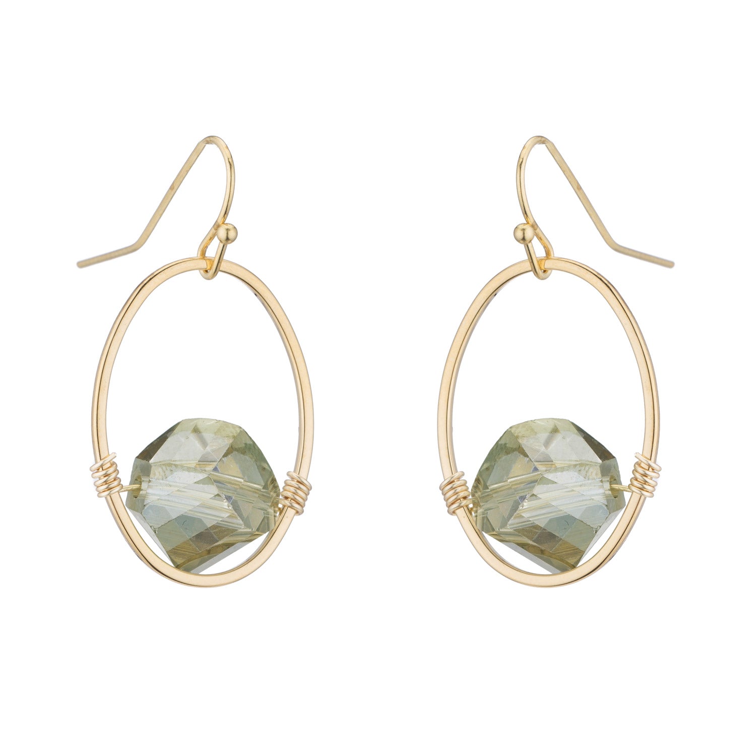 Olive Faceted Crystal Oval Gold Wrap Earrings