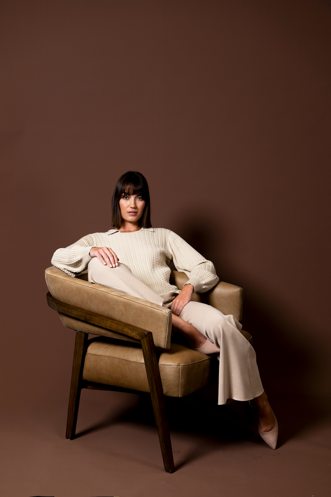 Hope Long Sleeved Crew-Neck Cable-Knit Top, Beige Melange