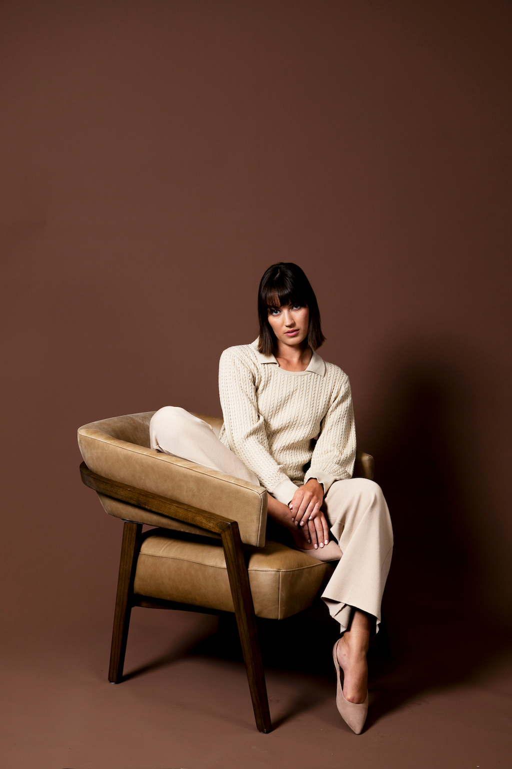 Hope Long Sleeved Crew-Neck Cable-Knit Top, Beige Melange