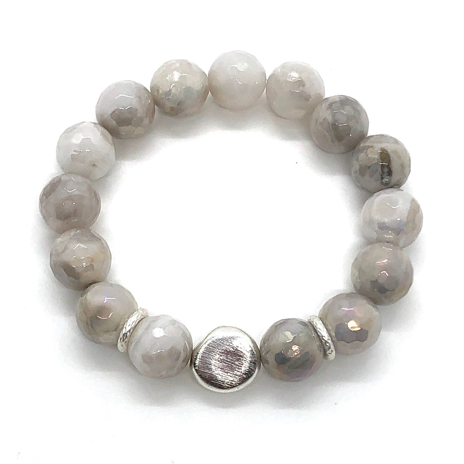 Gray Snowflake Glazed Agate Stretch Bracelet