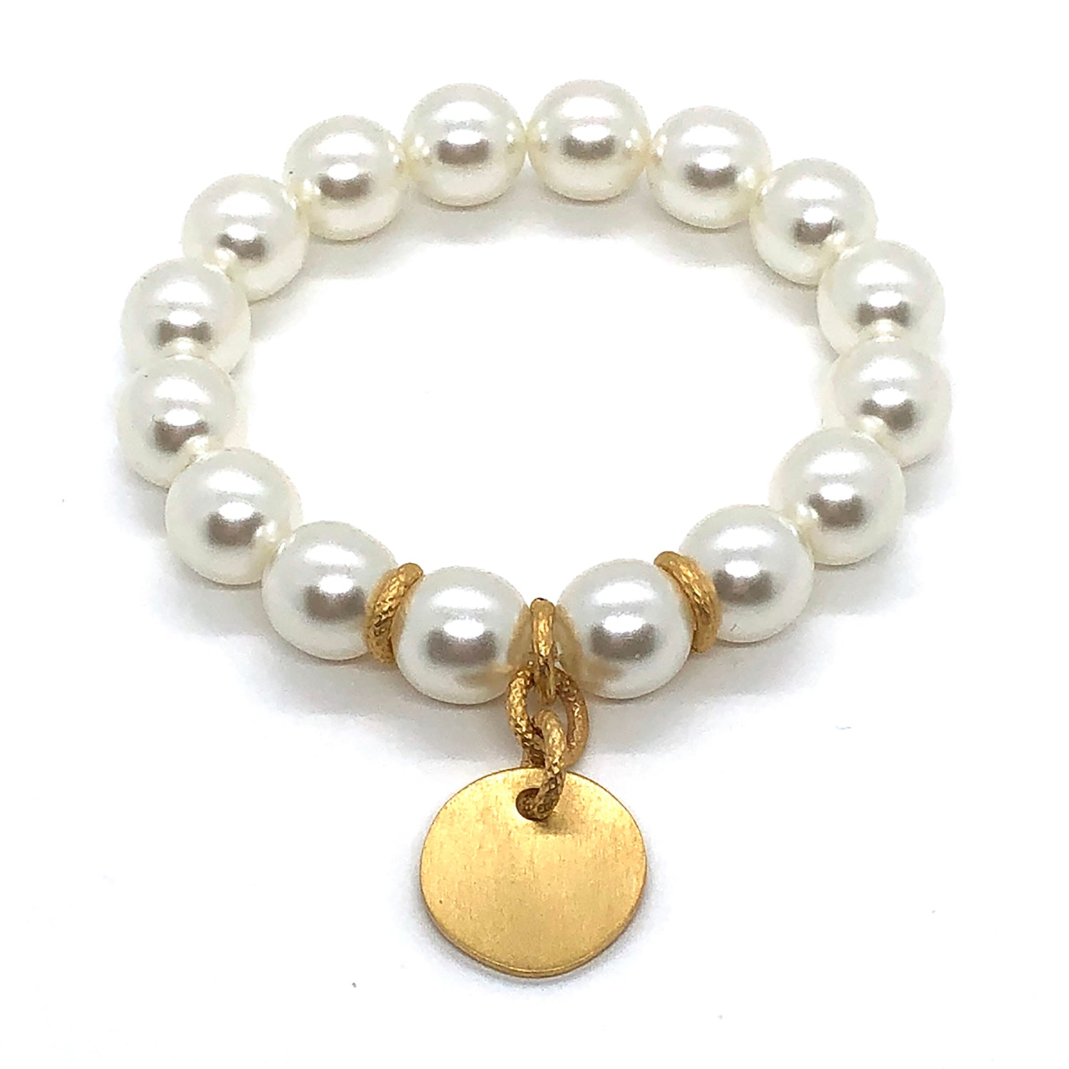 White Glass Pearl Matte Gold Charm Stretch Bracelet