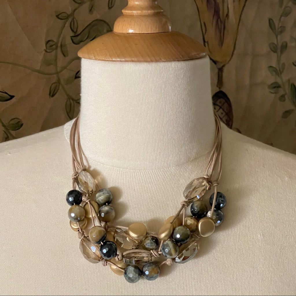 Blue Cream Tigers Eye and Champagne Crystal Torsade Necklace