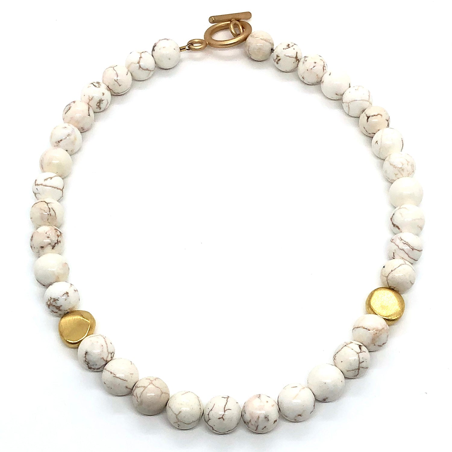 White Magnesite With Matte Gold Flat Bead Necklace