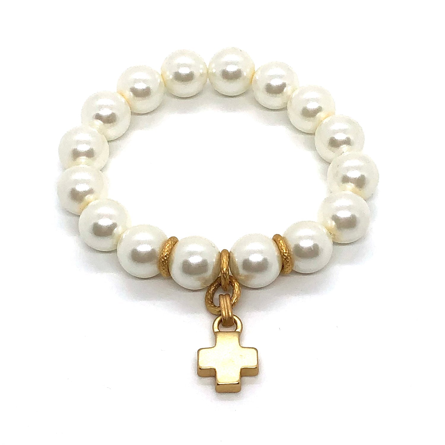 White Glass Pearl And Matte Gold Cross Charm Stretch Bracelet
