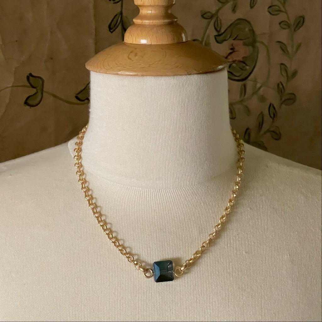 Square Blue Crystal On Matte Gold Chain Necklace