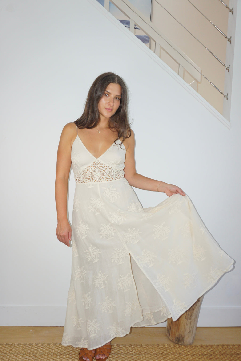 Isabella Dress in Cream Palm Embroidery