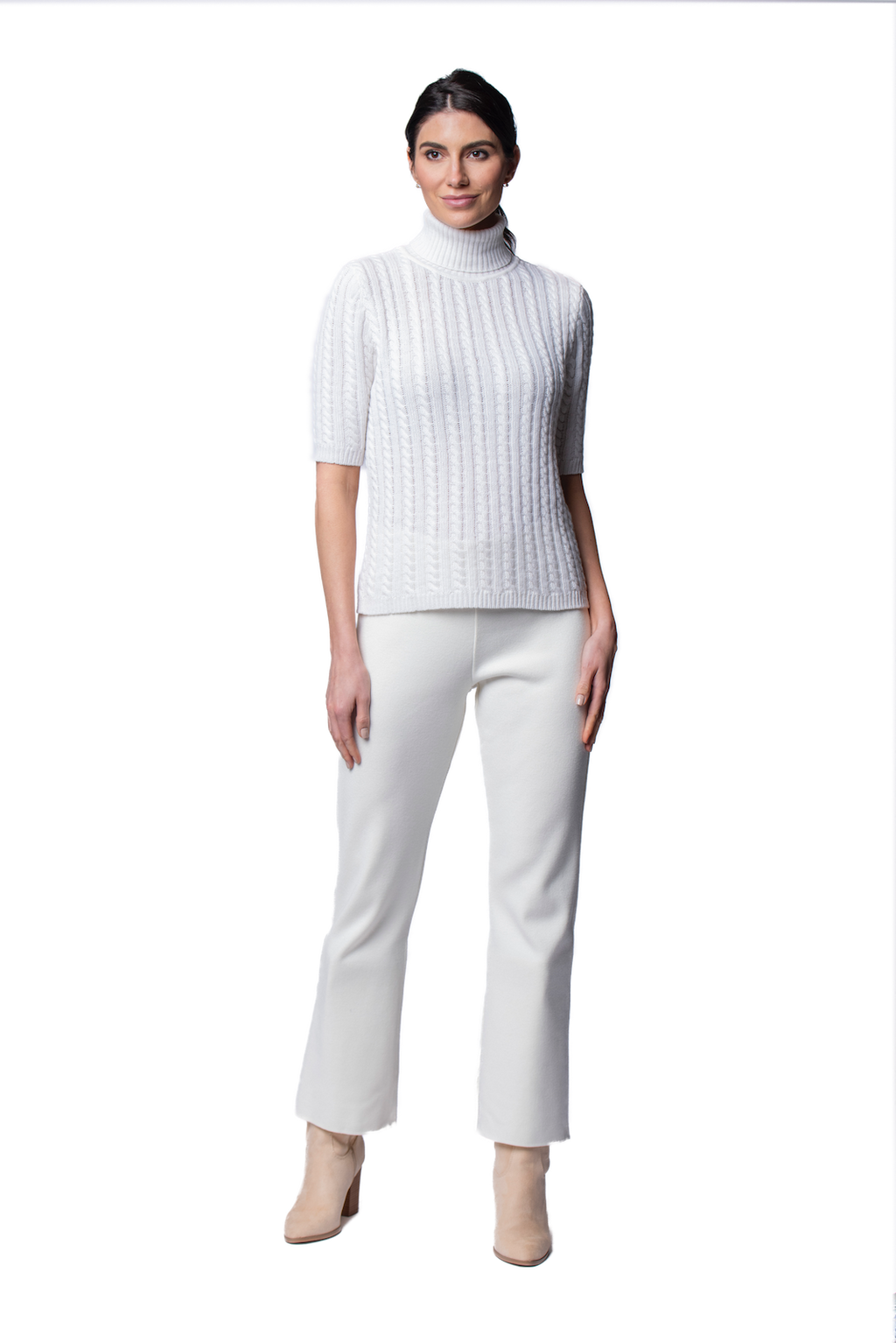 Lilly Short Sleeved Cable-Knit Turtleneck, Snow White