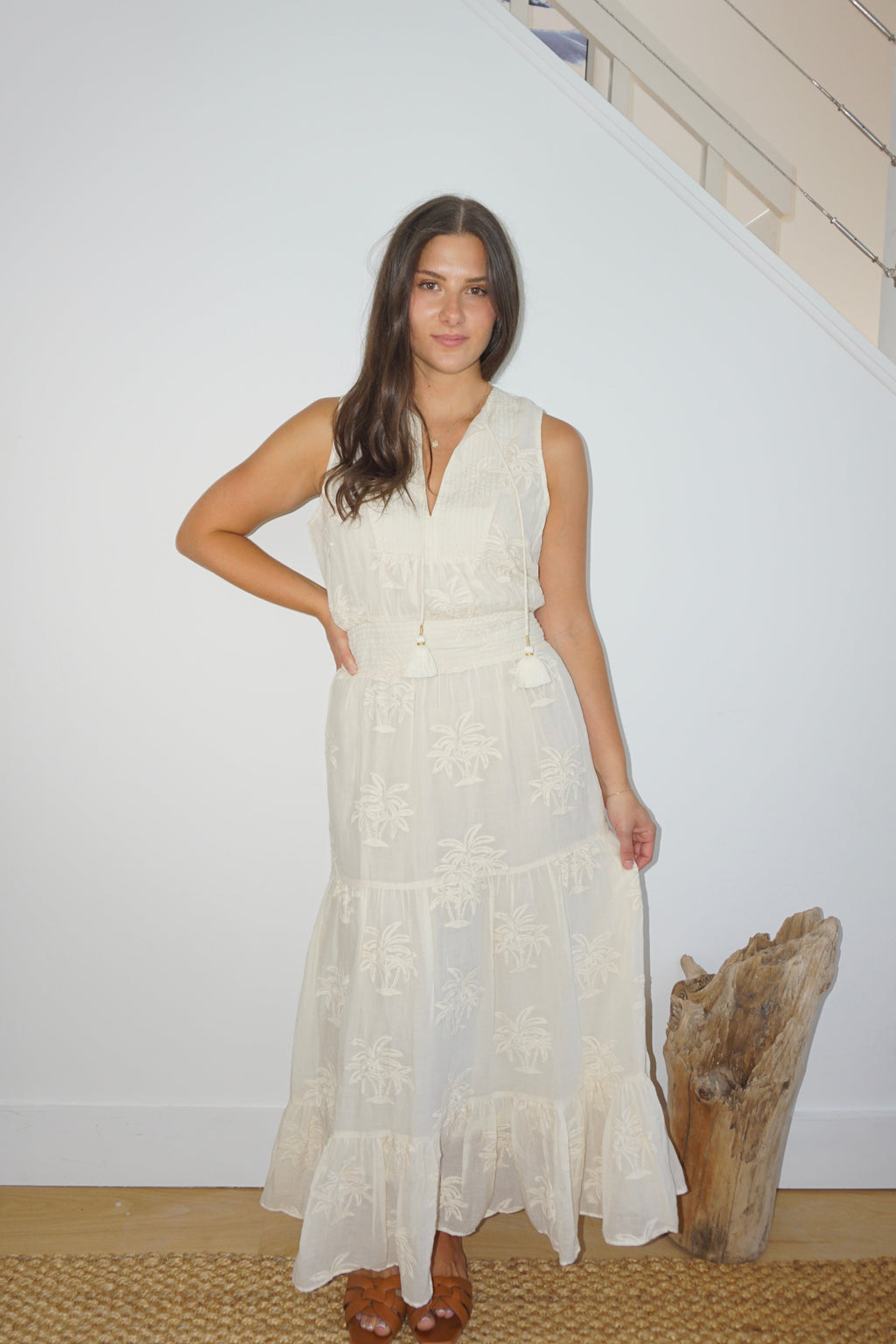 Paloma Dress in Cream Palm Embroidery