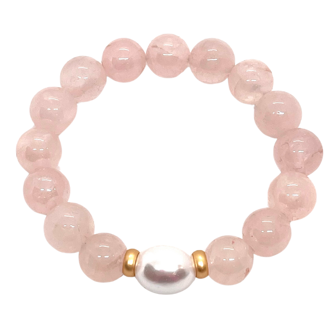 Rose Quartz With MOP Pearl and Matte Gold Accents Stretch Bracelet