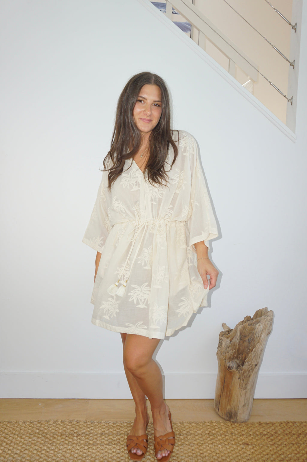 Savannah Kaftan in Cream Palm Embroidery