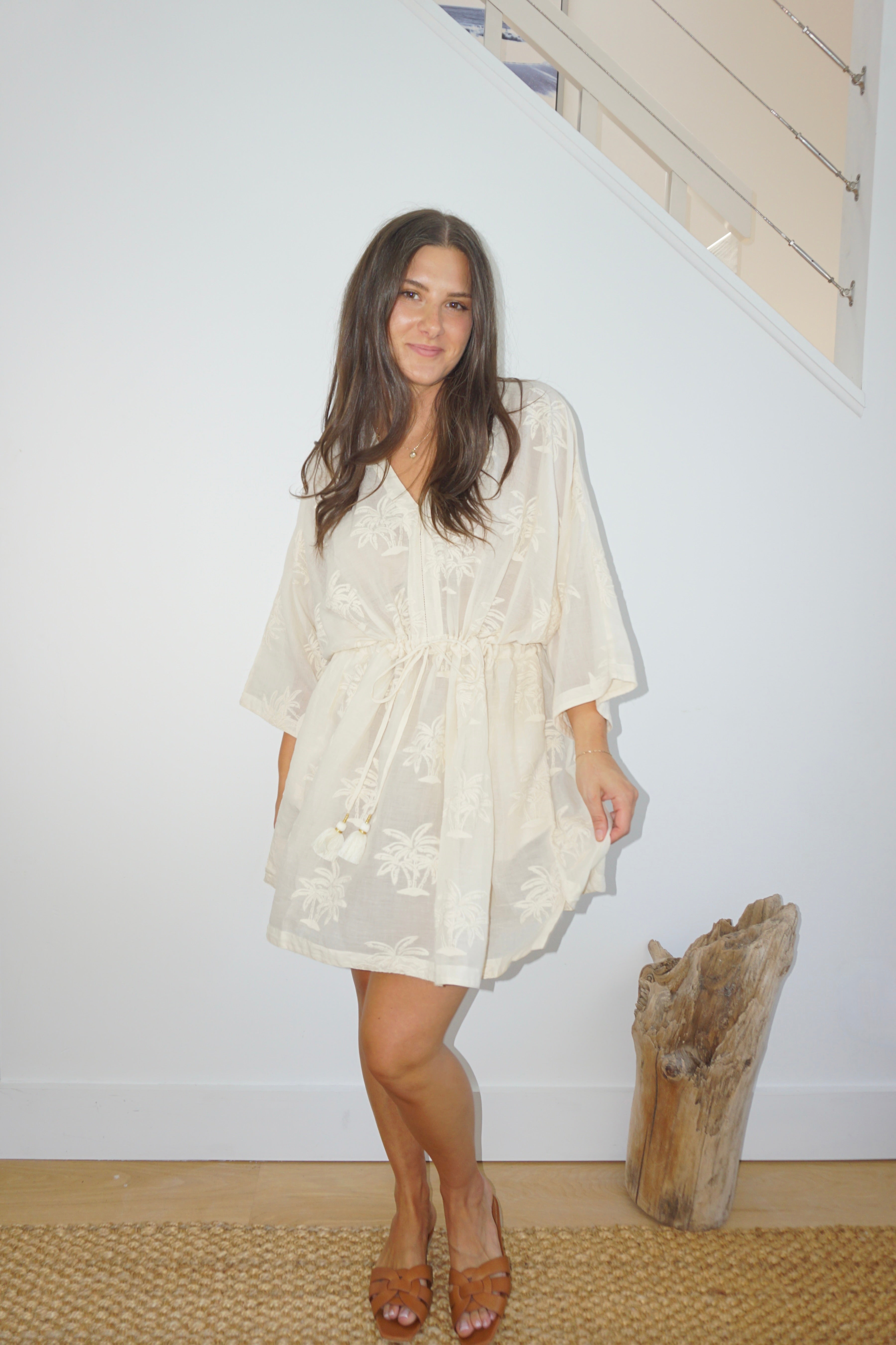 Savannah Kaftan in Cream Palm Embroidery