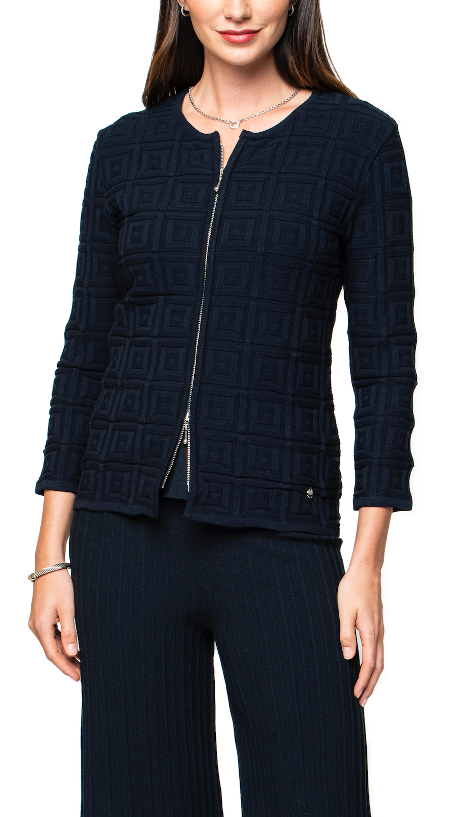 Zia Square-Detail Knit Jacket; Dark Navy
