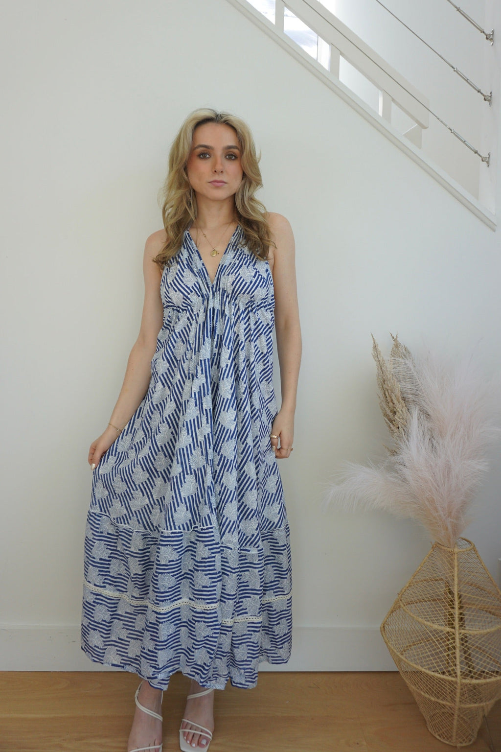 Ziggy Halter Dress - Navy Block Stripe