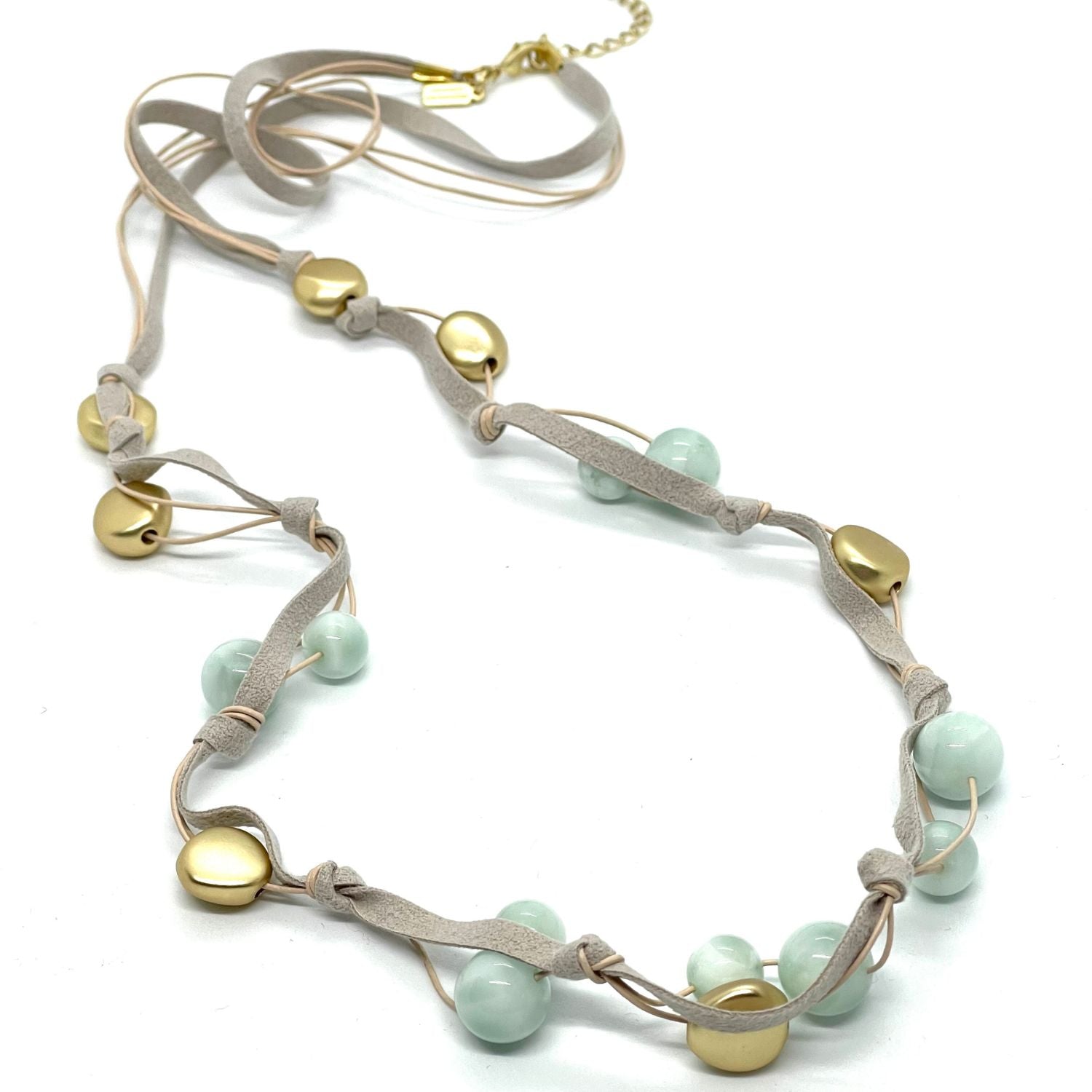 Angelite and Matte Gold Leather and Suede layer Necklace