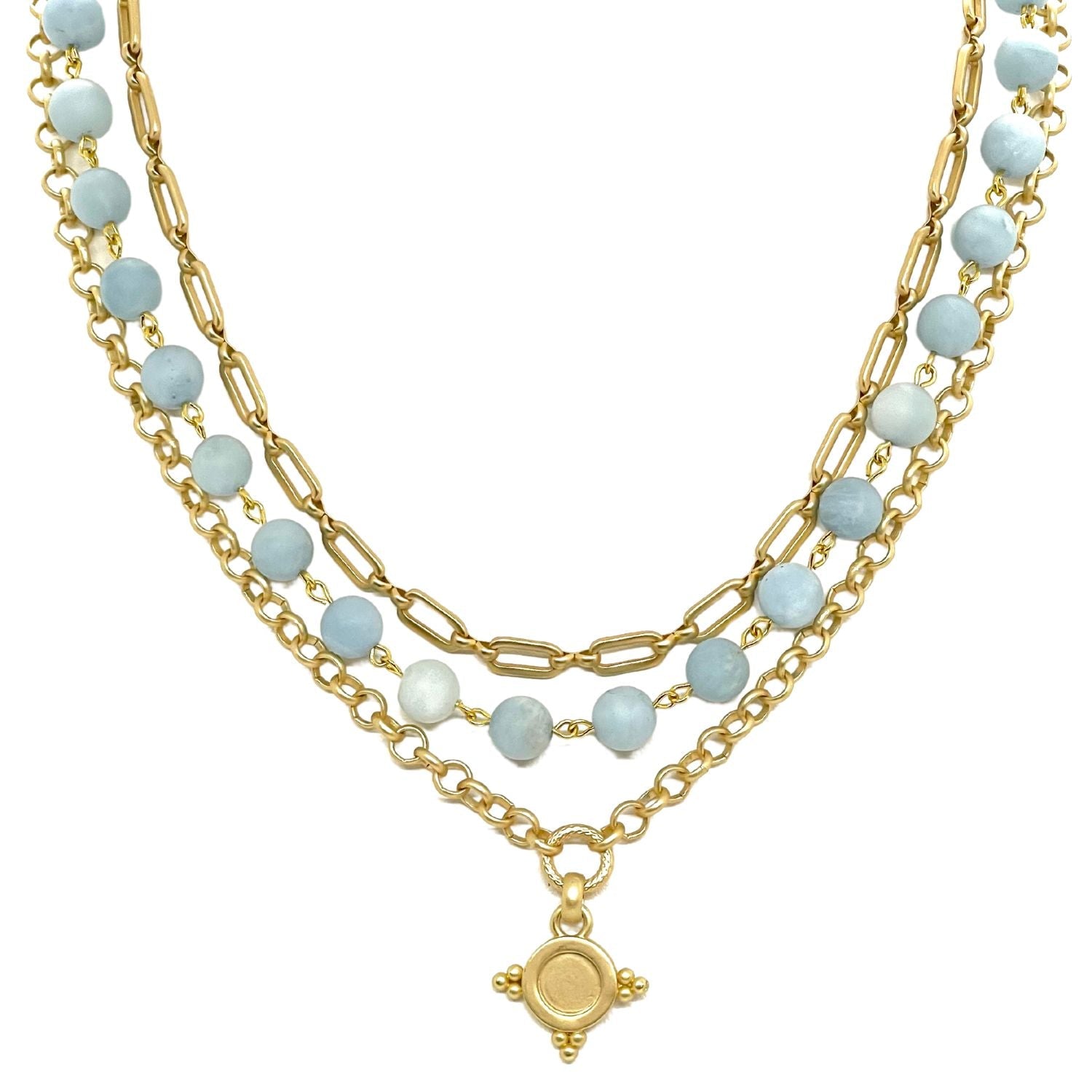 Matte Aquamarine And Matte Gold Multi Chain Necklace