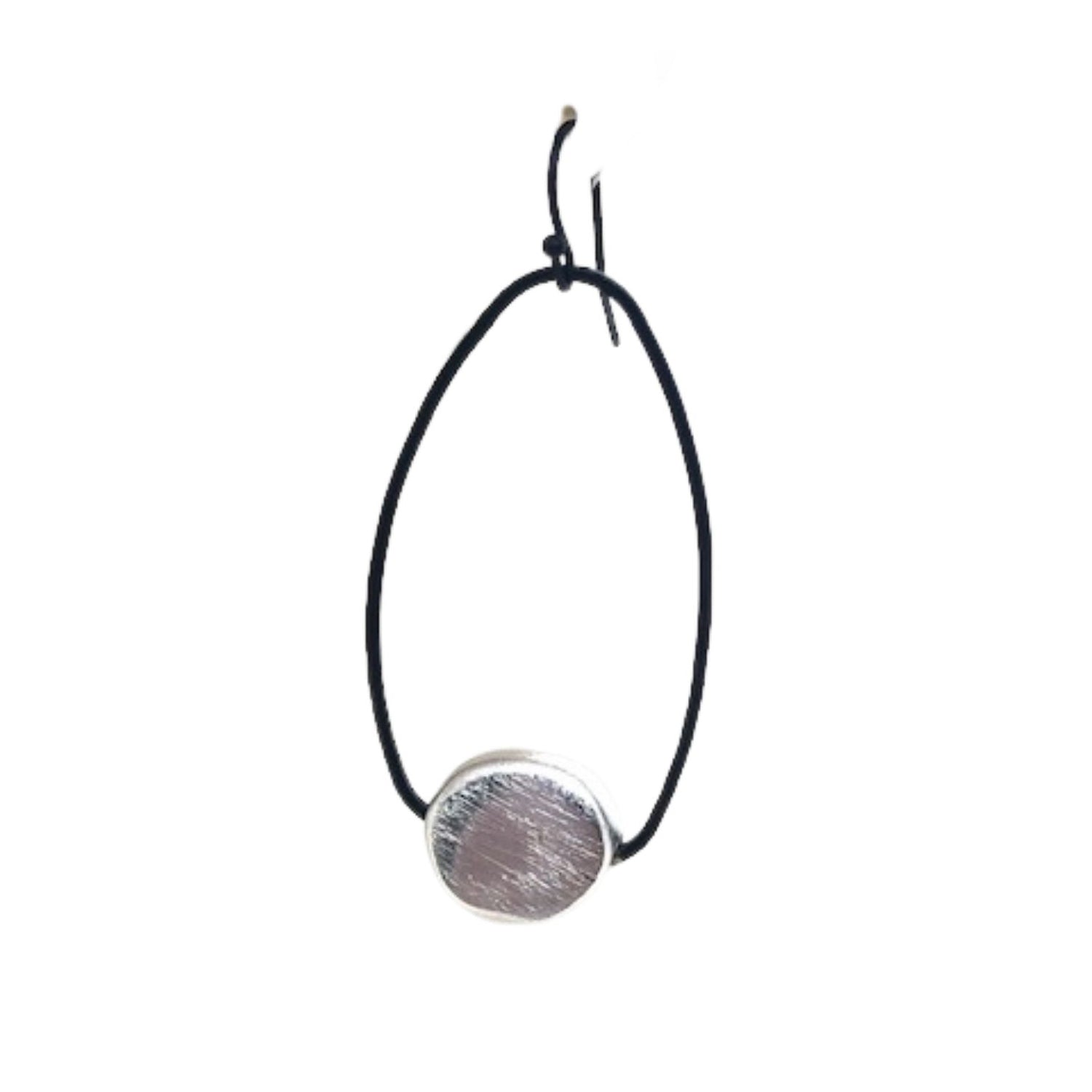 Matte Silver Flat Nugget Inset Oval  Black Hoop Earrings