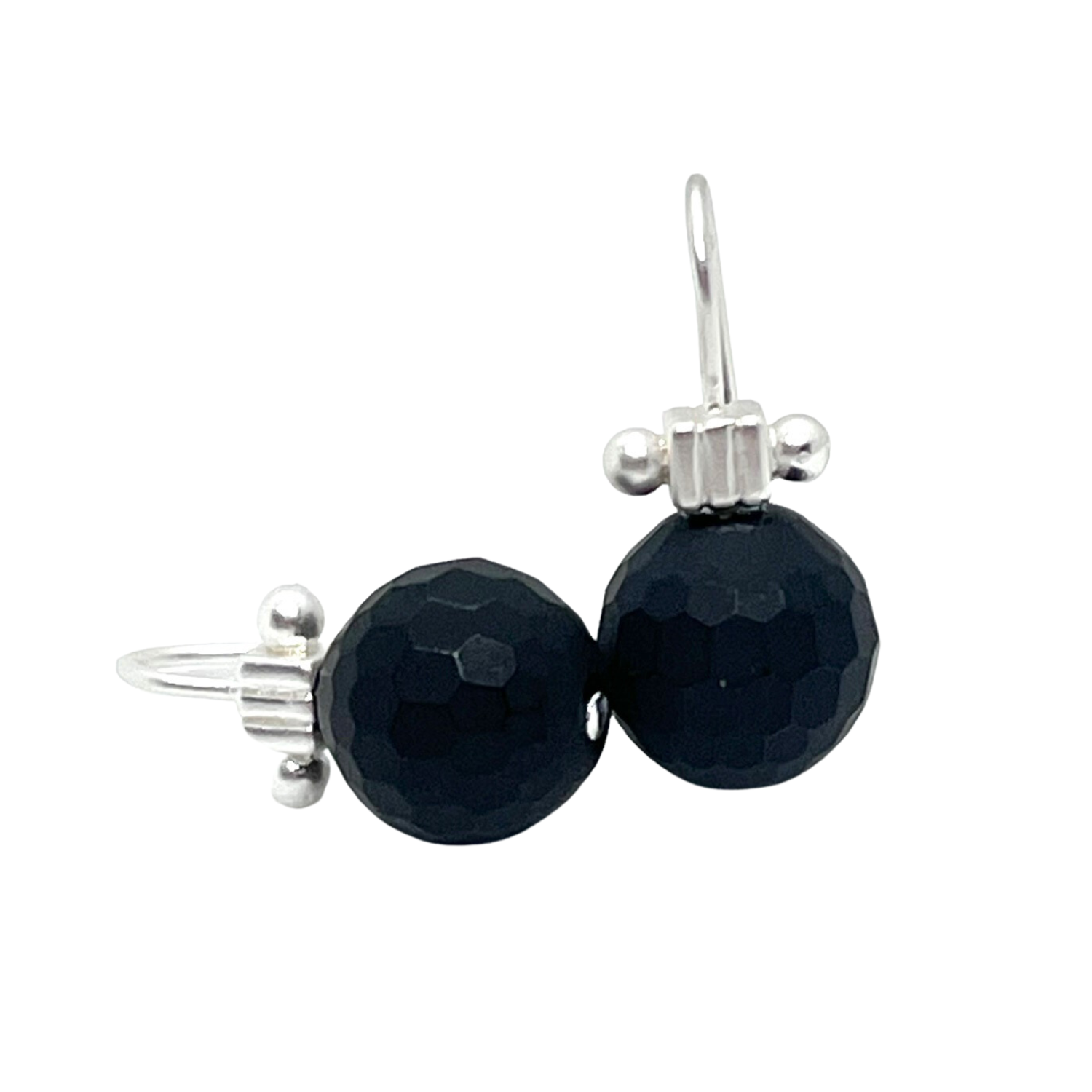 Matte Silver Black Onyx Column Top Earrings
