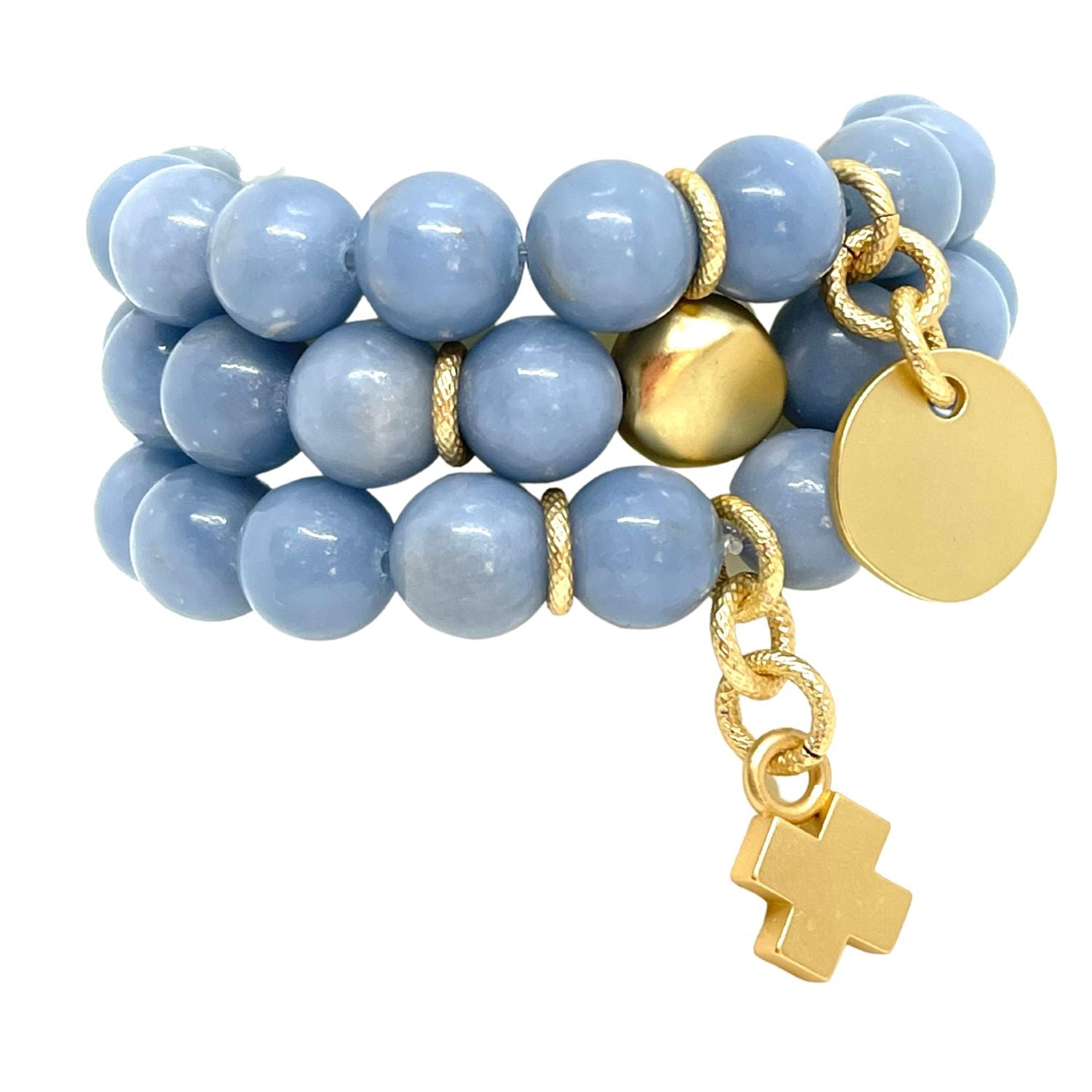 Blue Angelite Bracelet With Matte Gold Nugget Accent
