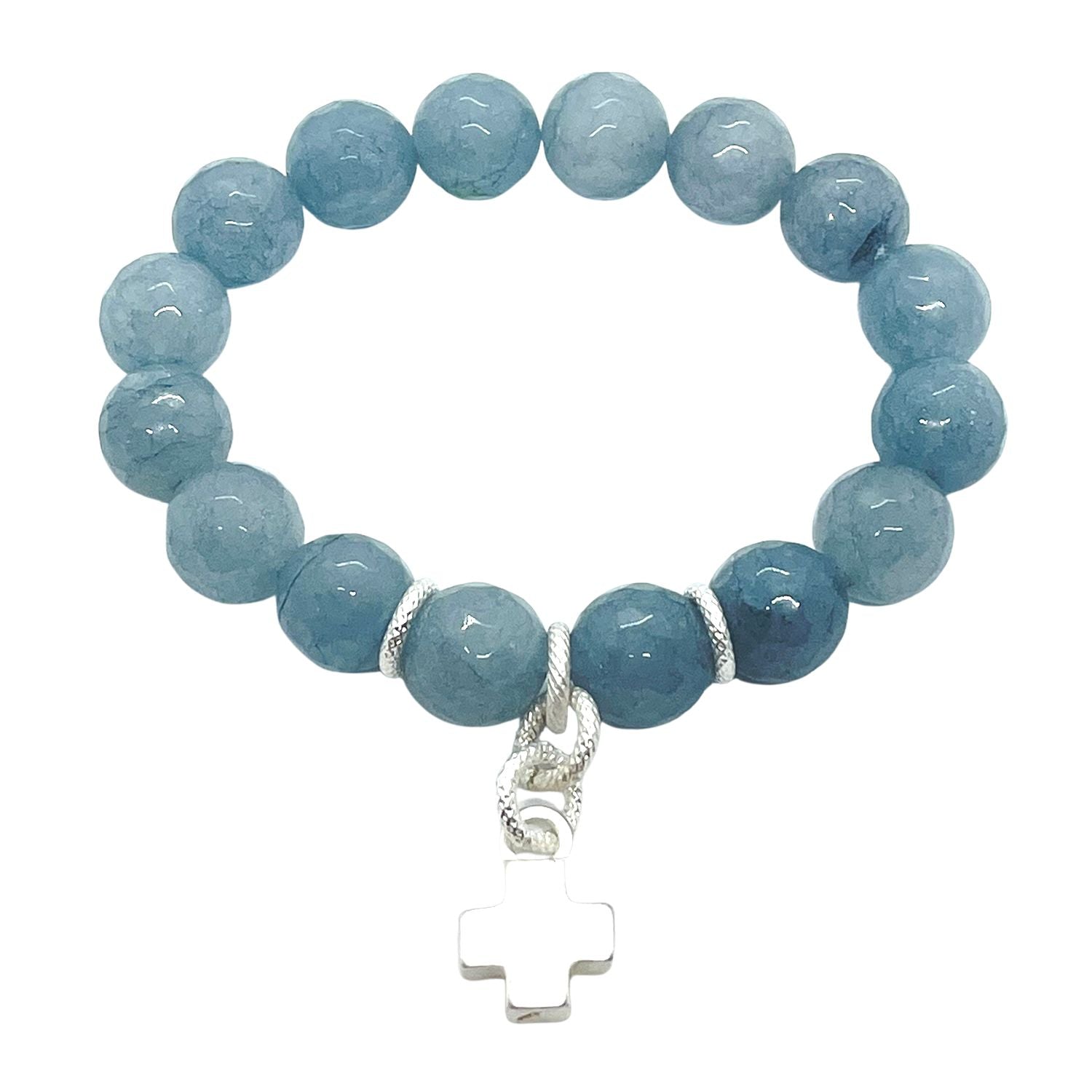 Blue Angelite And Matte Silver Cross Charm Stretch Bracelet