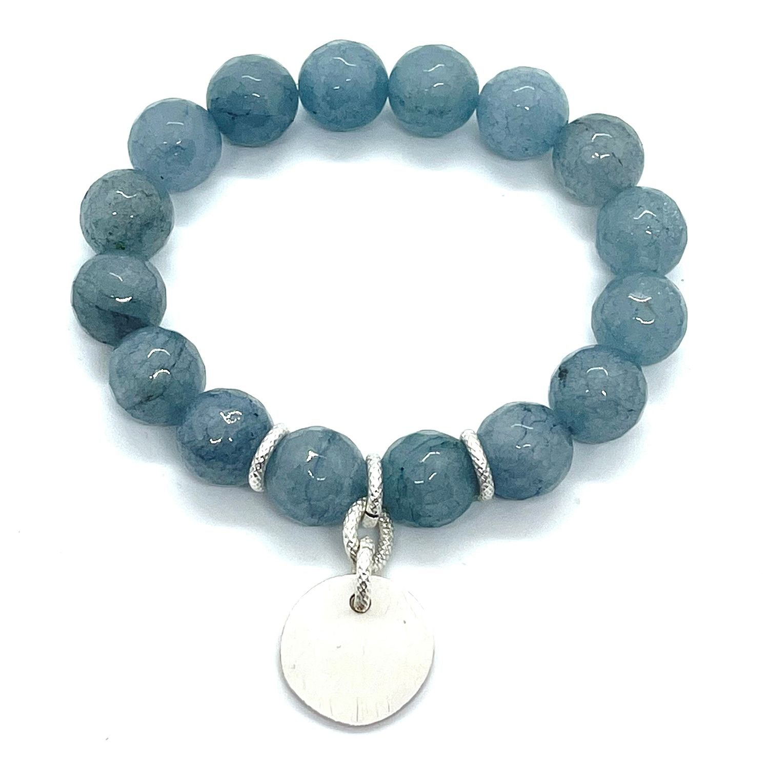 Blue Angelite And Matte Silver Stretch Bracelet With Charm