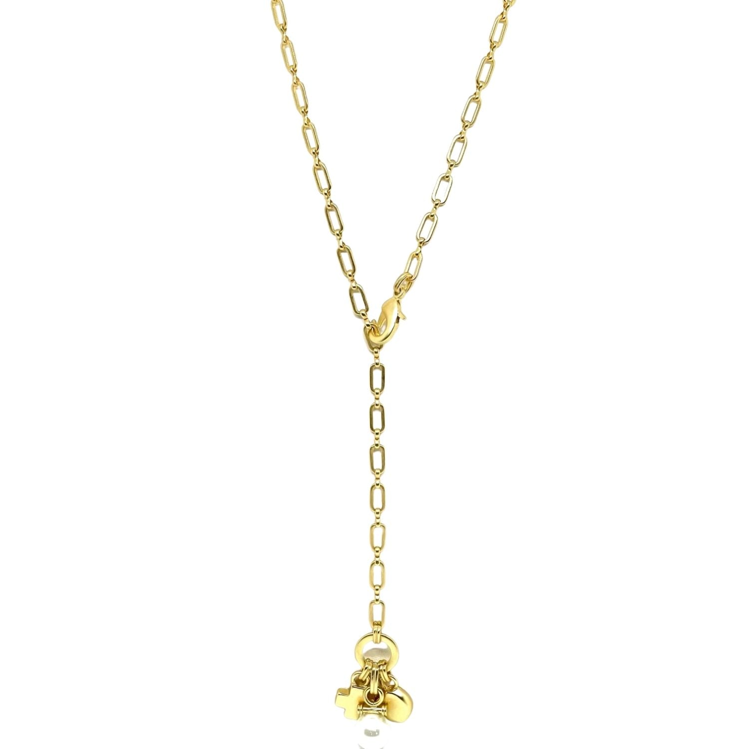 Matte Gold Pearl Adjustable Paperclip Charm Y Necklace