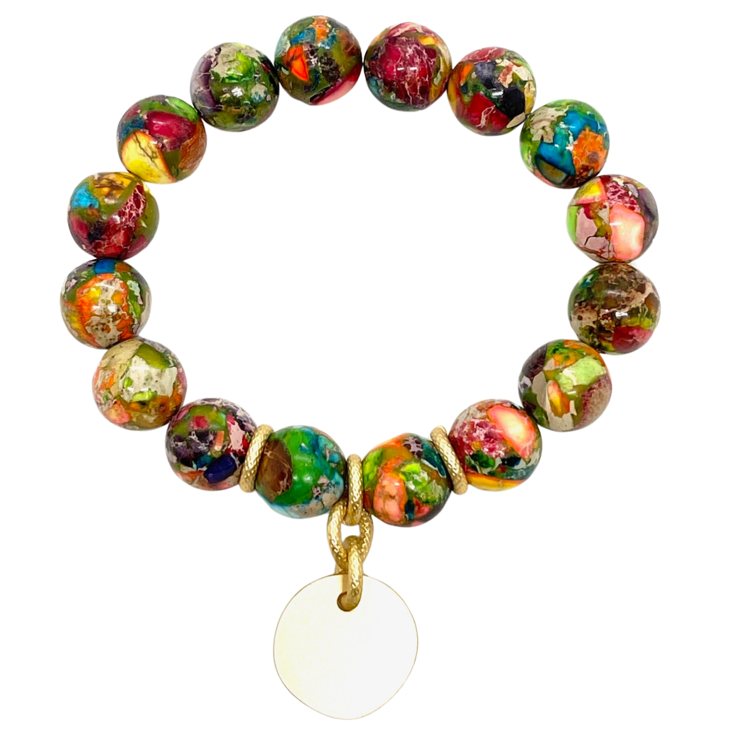 Confetti Jasper Stretch Bracelet With Matte Gold Charm Accent