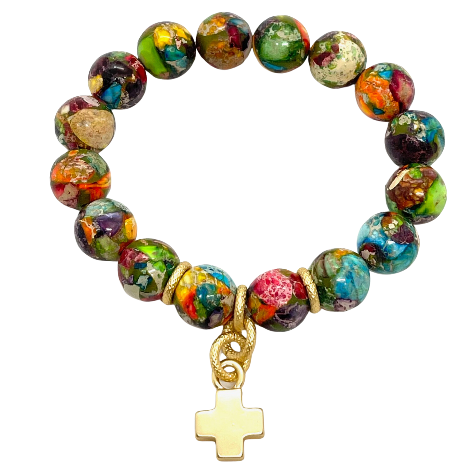 Confetti Jasper Stretch Bracelet With Matte Gold Cross Charm
