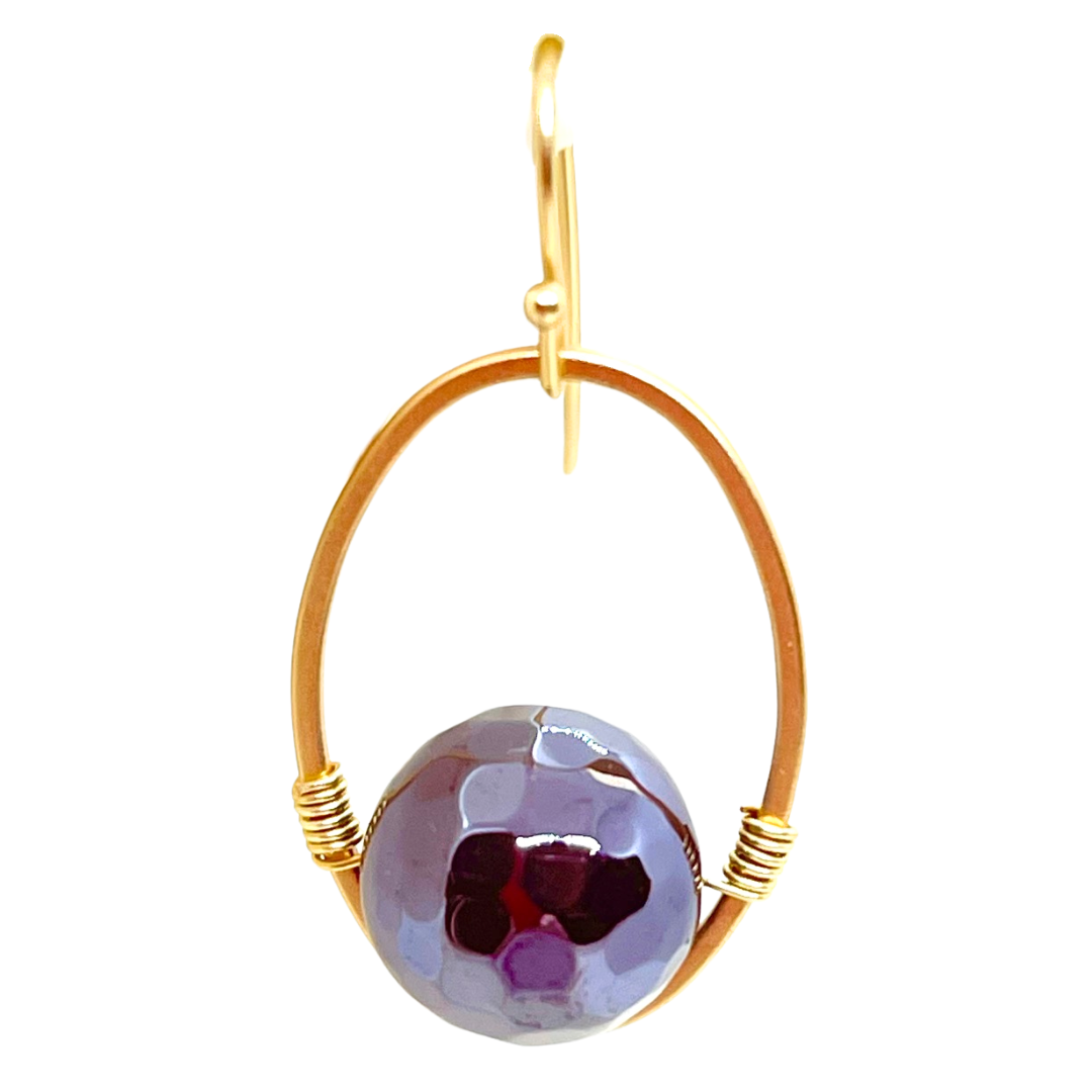 Magenta Agate And Matte Gold Wire Wrap Oval Earrings