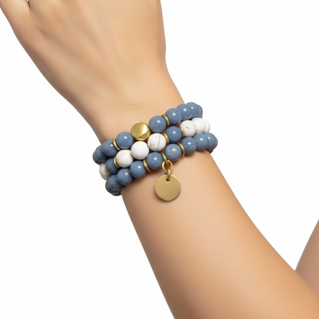 Blue Angelite Bracelet With Matte Gold Nugget Accent