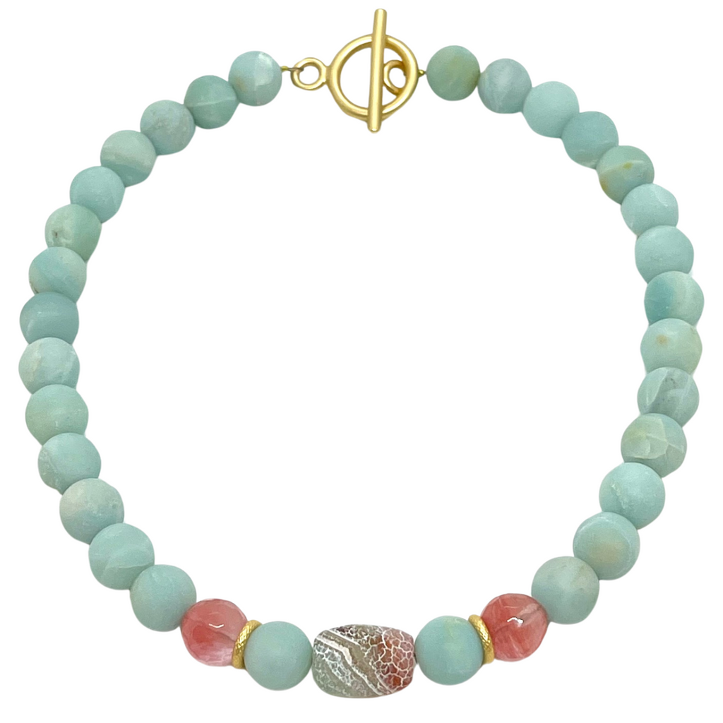 Watermelon Quartz and Amazonite, with Fire Agate Center Beaded Necklace